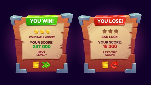 Cartoon set of win and lose game boards