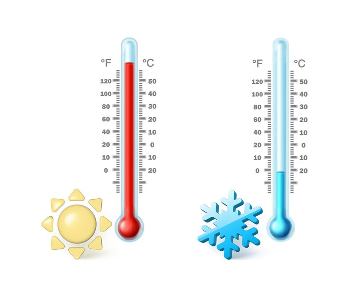 Vector Gratis cartoon style realistic vector icon. hot and cold thermometer with sun and snowflake icon, cartoon s