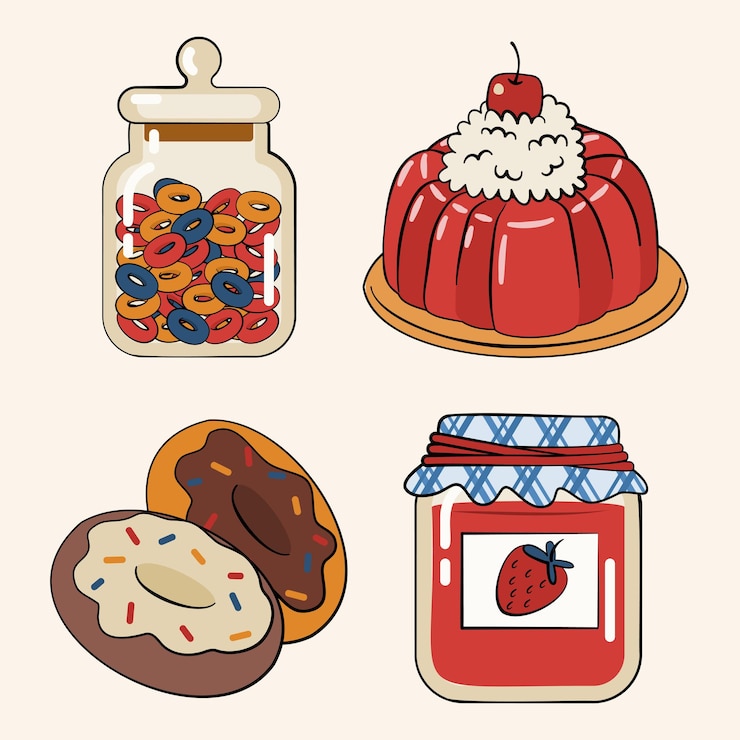 Vector Gratis cartoon vector illustration sweet food dessert object element for graphic designer create menu, brochure, leaflet, and publishing product. set contain donut, jelly, jam strawberry.