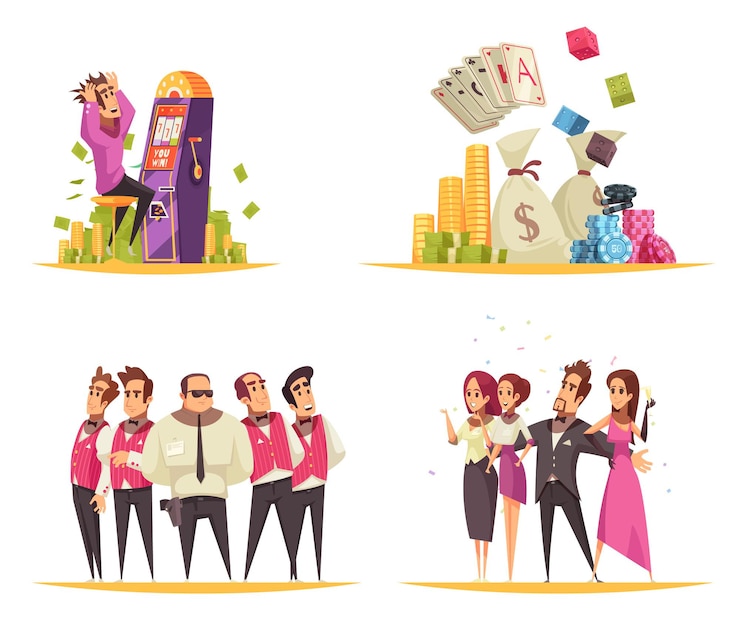 Vector Gratis casino  concept with cartoon style compositions of slot machines cards and coin images with people