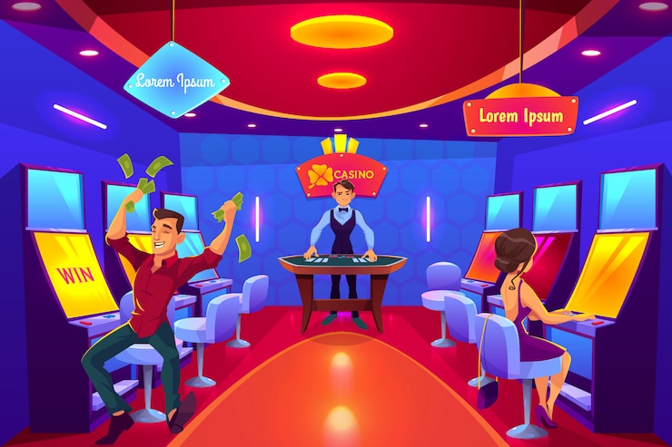 Vector Gratis casino gambling hall interior cartoon.