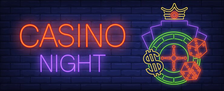 Vector Gratis casino night neon sign. dice, roulette and glowing inscription on brick wall background