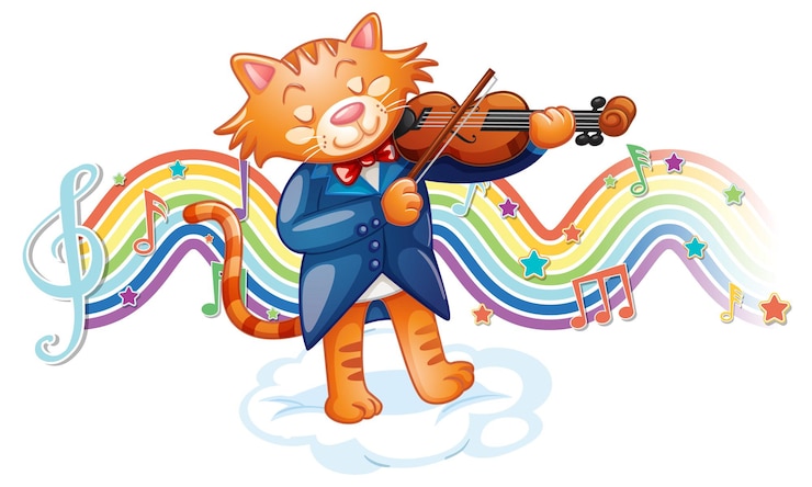 Vector Gratis cat playing violin with melody symbols on rainbow wave