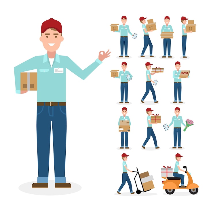 Vector Gratis caucasian postman set. isolated cartoon character. white background. all delivery equipment.