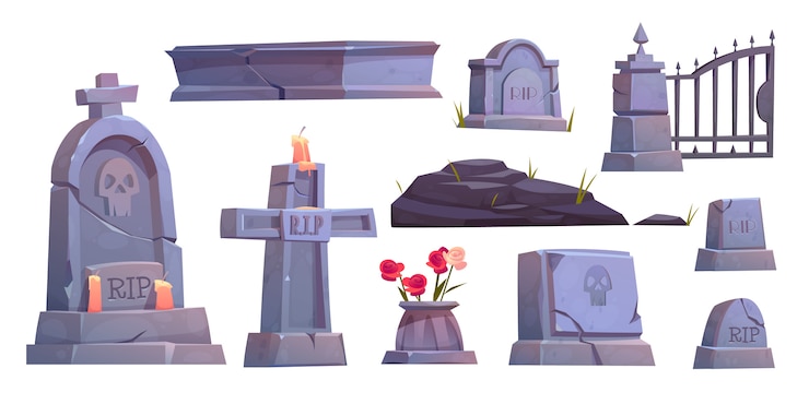 Vector Gratis cemetery set, graveyard tombstone, metal gate