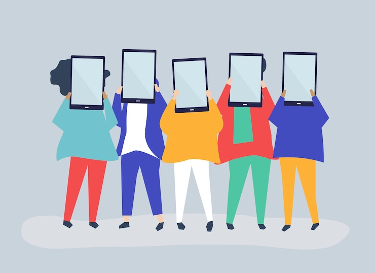 Vector Gratis character illustration of people holding digital tablets
