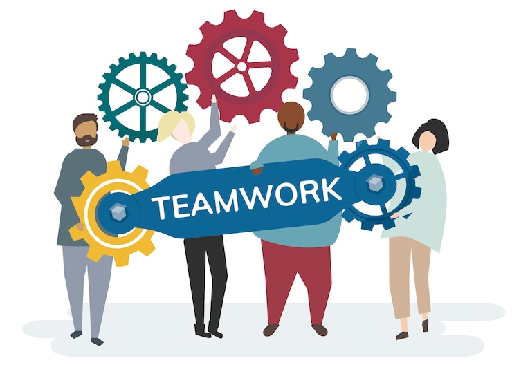 Vector Gratis character with cogwheel gears portraying teamwork concept