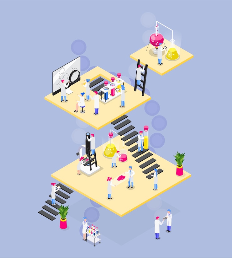 Vector Gratis chemistry isometric composition of square platforms connected with stairs people characters lab equipment and various objects