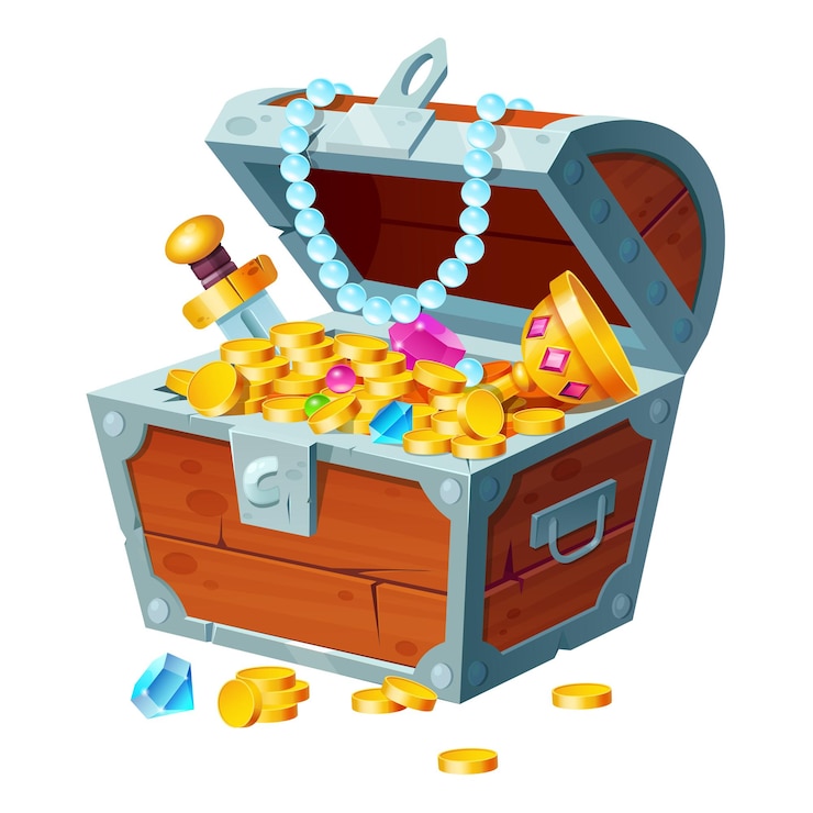 Vector Gratis chest with gold coins, gemstones, crystals, trophy