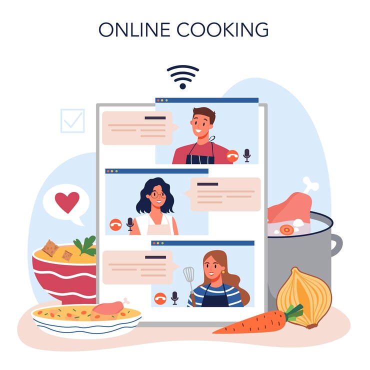 Vector Gratis chicken soup online service or platform tasty meal and ready dish chicken meat onion and potato carrot ingredient homemade dinner or lunch in the plate online cooking flat vector illustration
