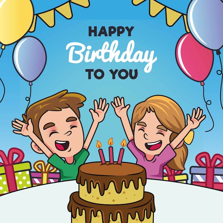 Vector Gratis children celebrating birthday with cake and balloons