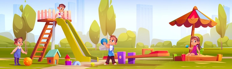 Vector Gratis children play on playground in city amusement park little girls and boys enjoying sandbox slide and swing and game of ball cartoon summer landscape of kindergarten outdoor recreation area