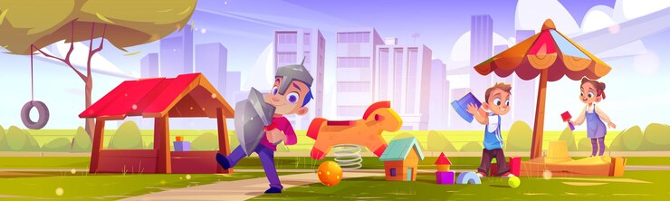 Vector Gratis children play on playground in city park cartoon vector illustration of summer urban landscape with kindergarten outdoor recreation area daycare zone in yard with kid equipment and toys