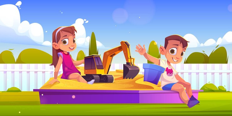 Vector Gratis children playing in sand box, little boy and girl sitting in sandbox with toys playing with excavator and plastic bucket. kids outdoor fun, summer recreation at house yard, cartoon vector illustration