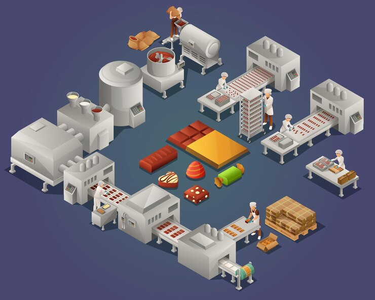 Vector Gratis chocolate production isometric background with female workers making chocolate candies tiles and bars on factory conveyors vector illustration