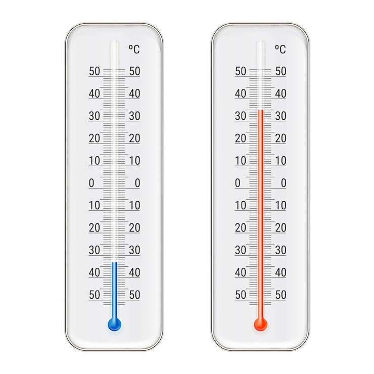 Vector Gratis classic outdoor and indoor celsius alcohol ethanol red and blue thermometers set for meteorological measurements realistic illustration