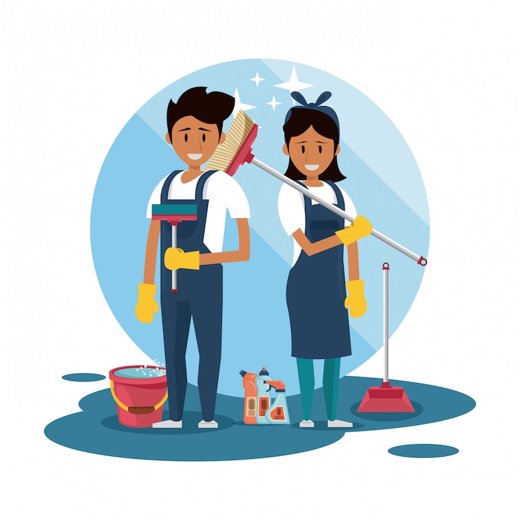 Vector Gratis cleaners with cleaning products housekeeping service
