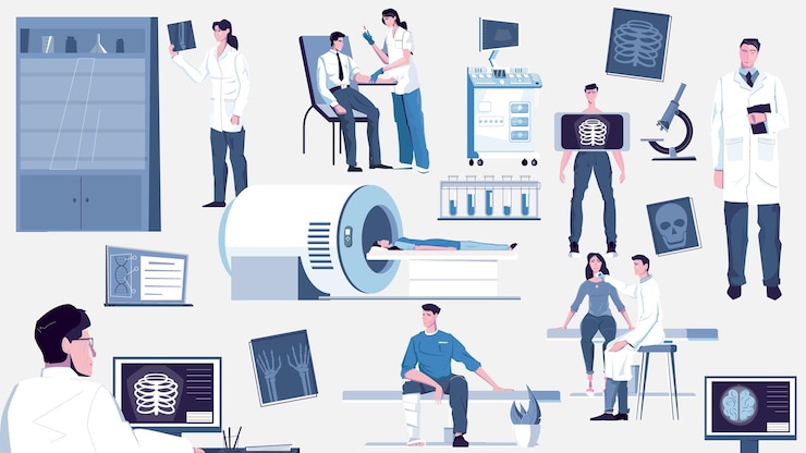 Vector Gratis clinic examination set of flat medical equipment icons and isolated characters of medical specialists and patients vector illustration