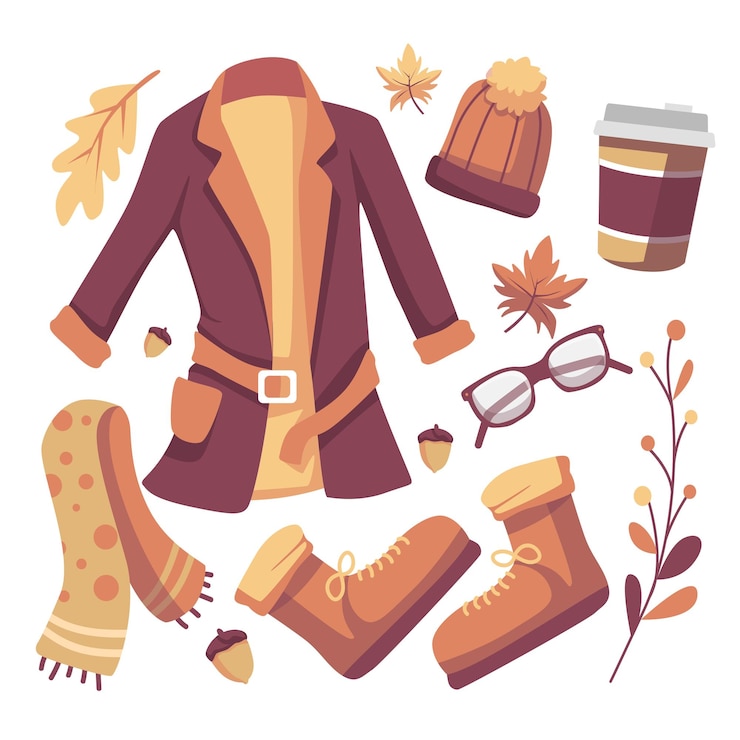 Vector Gratis clothes and accessories winter fashion icon set with eyeglasses knitted warm hats gloves sweater scarves boots in drawing cartoon style vector illustration