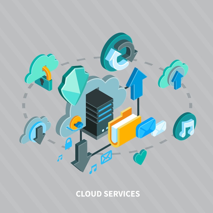 Vector Gratis cloud services and secure file storage isometric concept on grey  3d