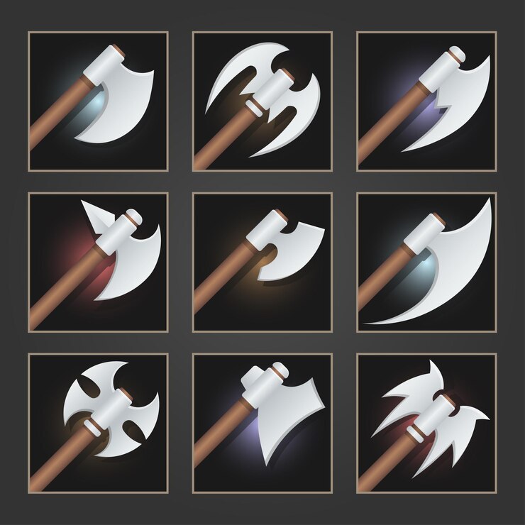 Vector Gratis collection of decoration weapon for games. set of silver cartoon axes.