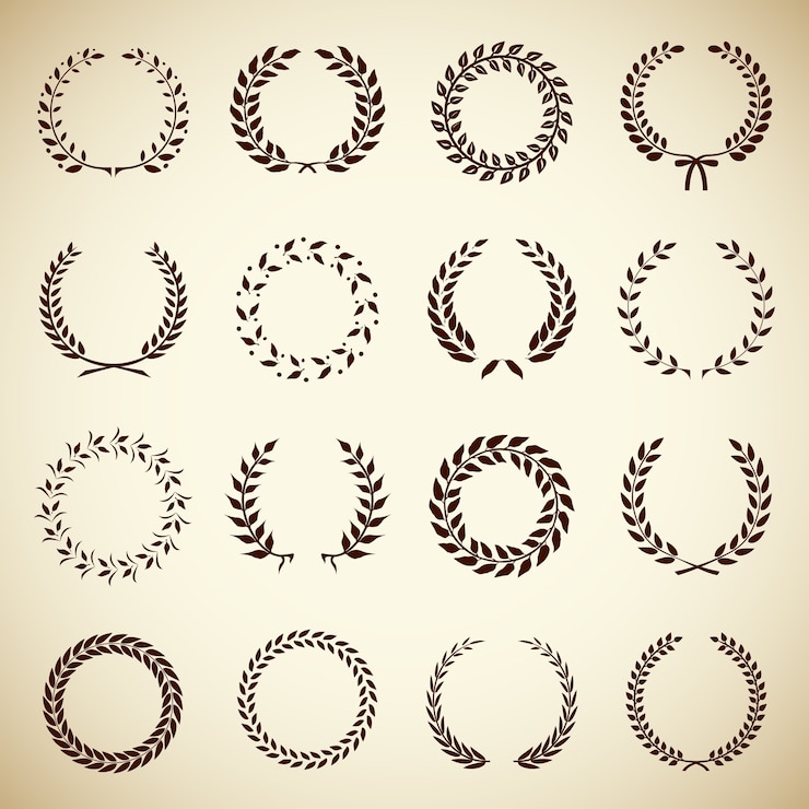 Vector Gratis collection of sixteen circular vintage laurel wreaths for use as design elements in heraldry  on an award certificate  manuscript and to symbolise victory  vector illustration in silhouette
