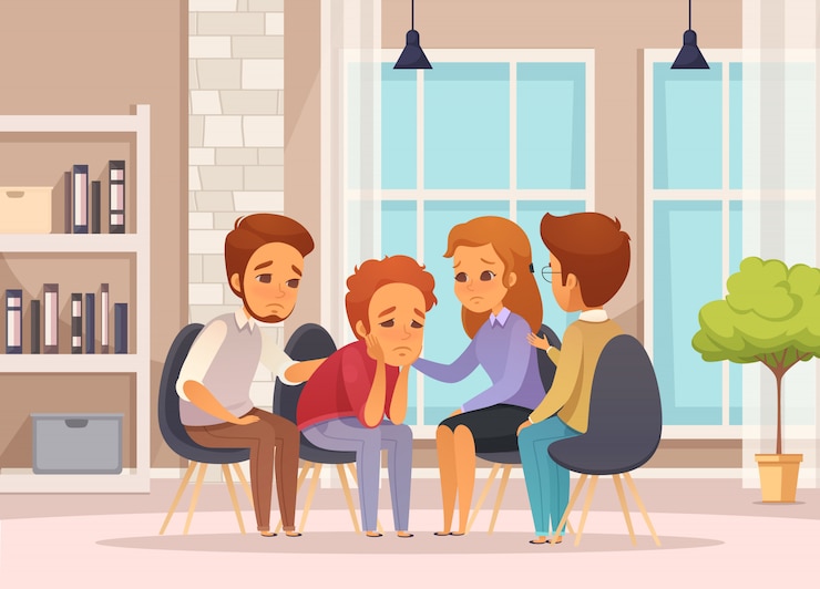 Vector Gratis colored and flat group therapy cartoon composition with psychotherapy session in classroom 
