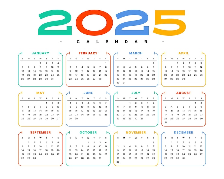 Vector Gratis colorful 2025 english calendar template a printable design