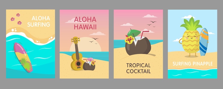 Vector Gratis colorful hawaiian posters design with sea beach. vivid bright tropical elements and fruit characters. hawaii vacation and summer concept. template for promotional leaflet or flyer
