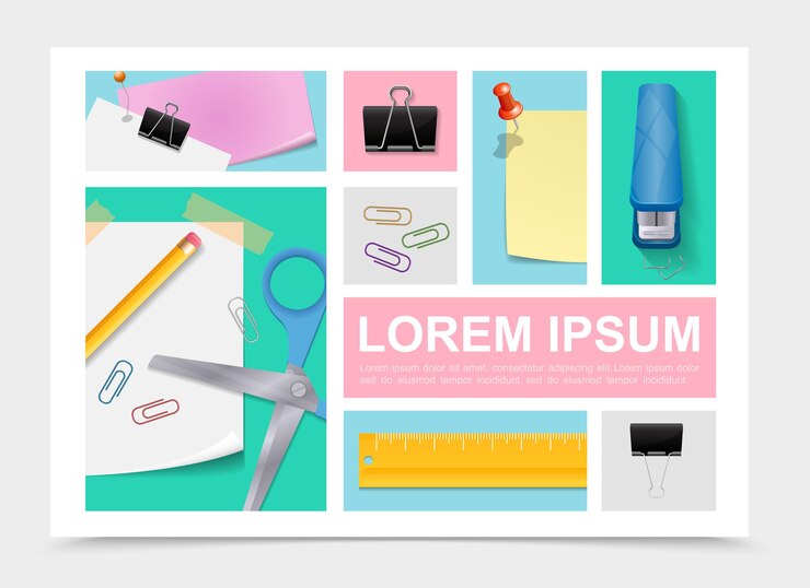 Vector Gratis colorful stationery collection with scissors pencil paper sheets stickers stapler ruler binder clips pushpins in realistic style  illustration,