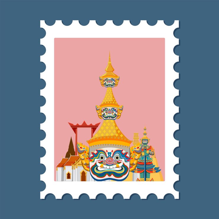 Vector Gratis colorful thai temple and mythical figures illustration