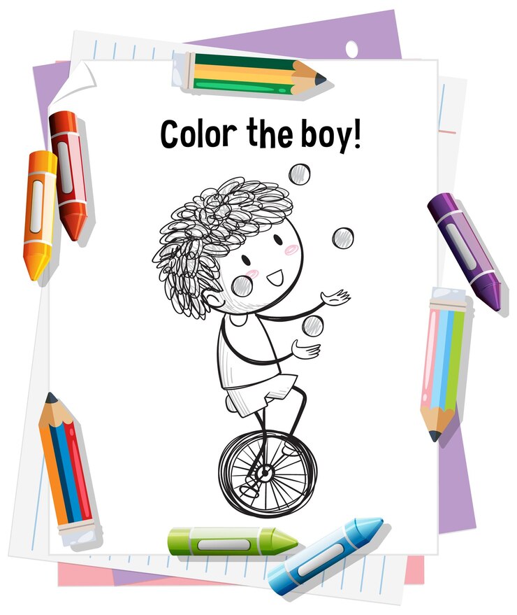 Vector Gratis coloring page boy juggling on unicycle