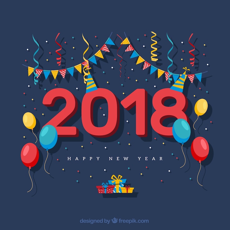 Vector Gratis colourful flat new year background with balloons and confetti