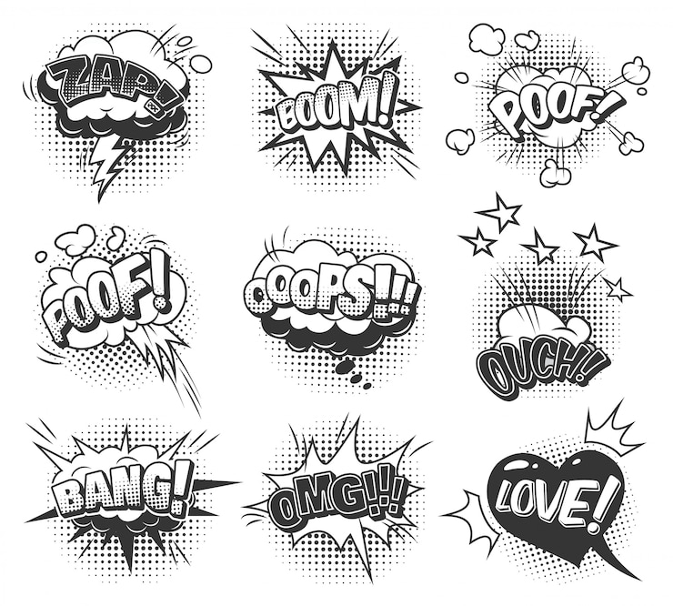 Vector Gratis comic monochrome speech bubbles collection with different wordings sound and halftone humor effects 
