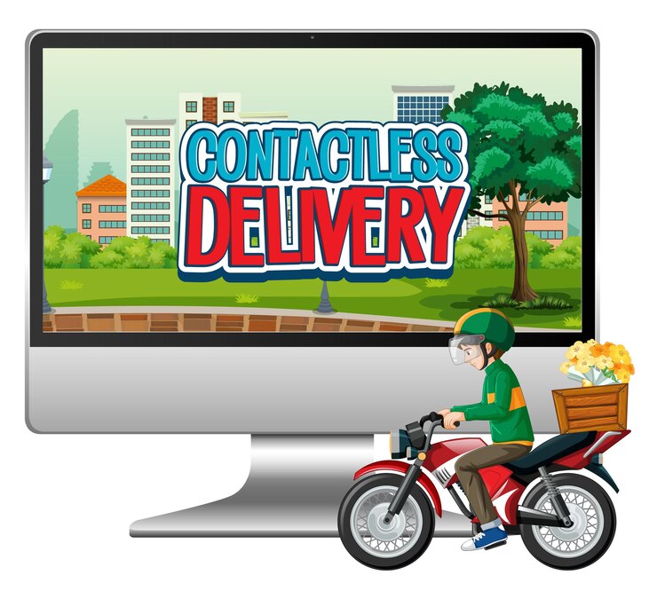 Vector Gratis computer with bike man or courier and contactless delivery logo