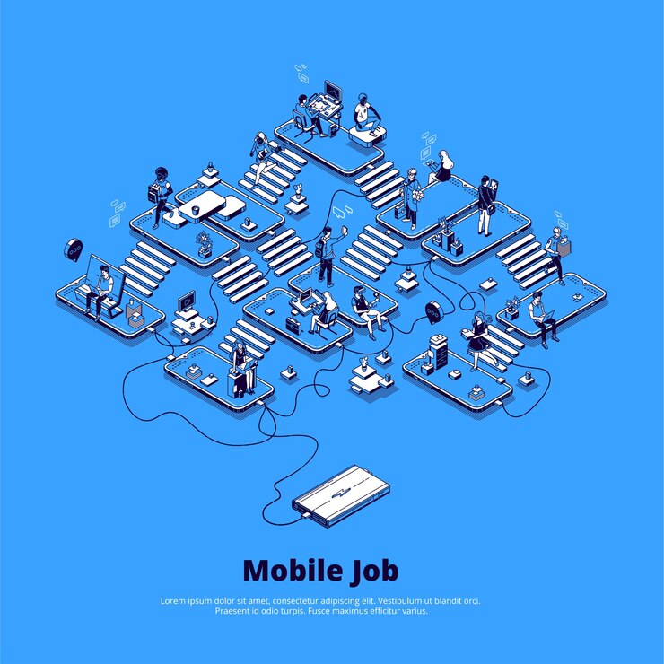 Vector Gratis concept of online business using phone, career in digital area, mobile marketing and network.