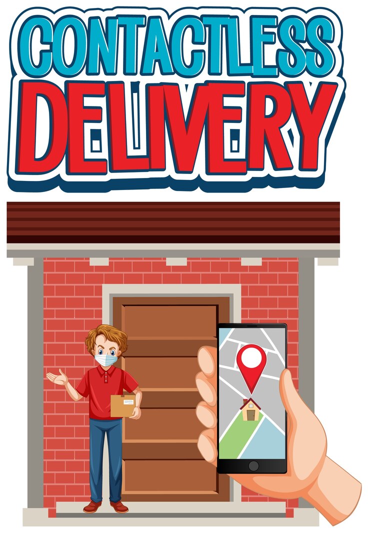 Vector Gratis contactless delivery logo with hand using smartphone and delivery man