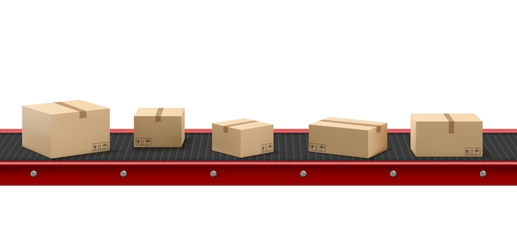 Vector Gratis conveyor belt with cardboard boxes at factory