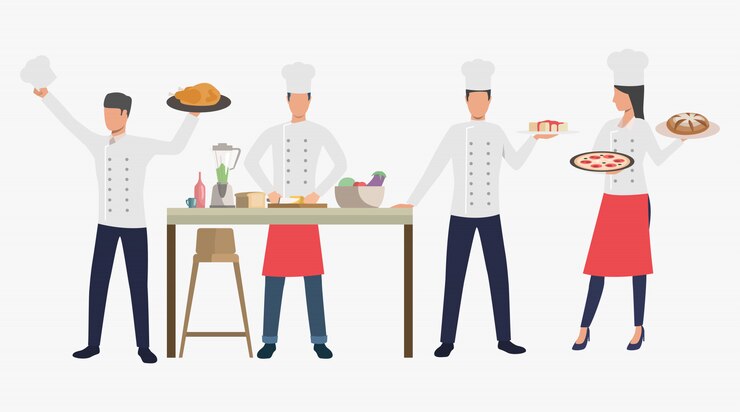 Vector Gratis cooks with dishes in restaurant kitchen