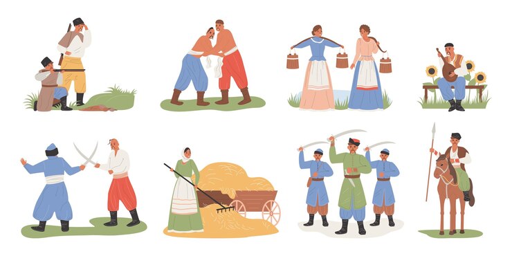 Vector Gratis cossack people flat icons set with men and women in traditional ukranian costumes isolated vector illustration