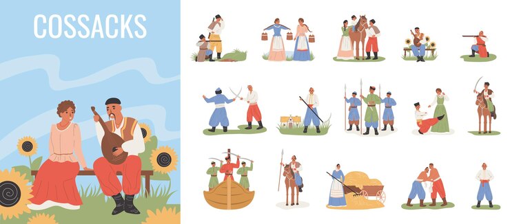 Vector Gratis cossacks flat icons set with people in traditional ukranian costumes vector illustration