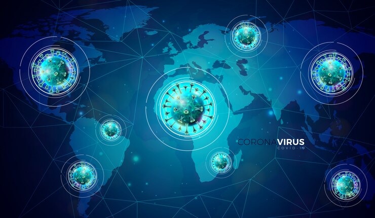 Vector Gratis covid-19. coronavirus outbreak design with virus cell in microscopic view on abstract blue world map background. dangerous sars epidemic  illustration for promotional banner or flyer.