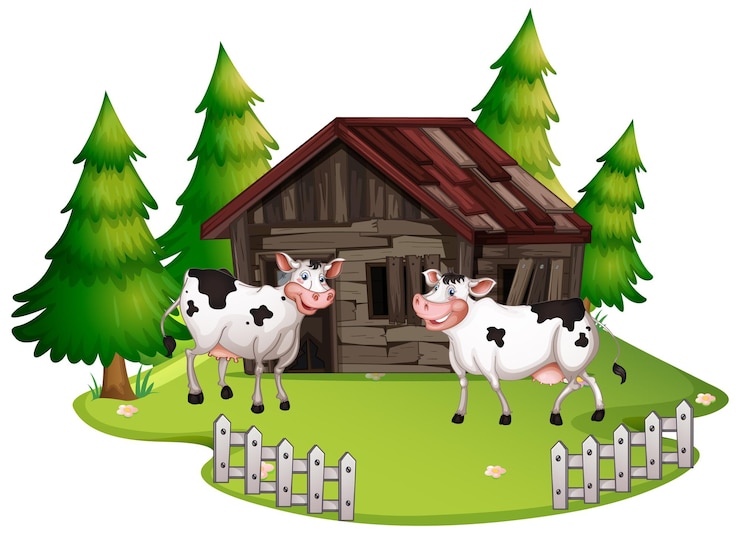 Vector Gratis cows at old wooden house
