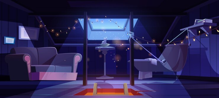 Vector Gratis cozy room on attic with hammock and sofa at night vector cartoon interior of mansard