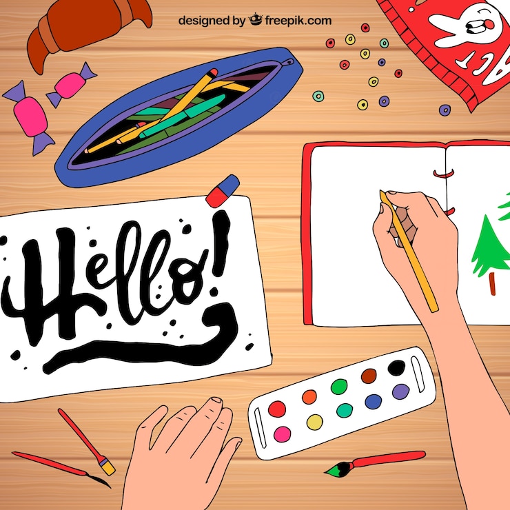 Vector Gratis creative workspace with hand drawn style