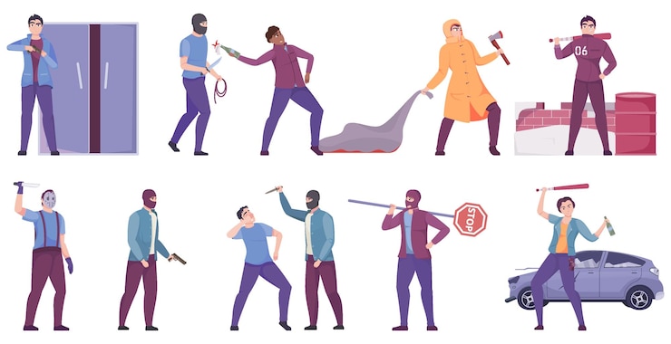 Vector Gratis criminal flat set of armed adult people in masks threatening law abiding citizens isolated vector illustration