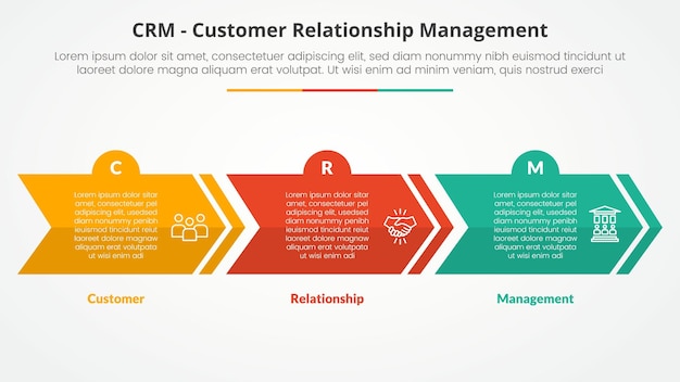 crm customer relationship management infographic concept for slide presentation with creative arrow horizontal block shape with 3 point list with flat style