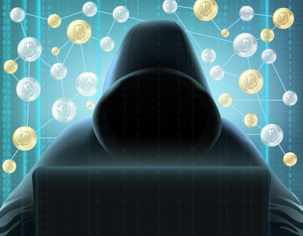 Cryptocurrency blockchain realistic miner in black hood behind computer against digital screen and bitcoins net