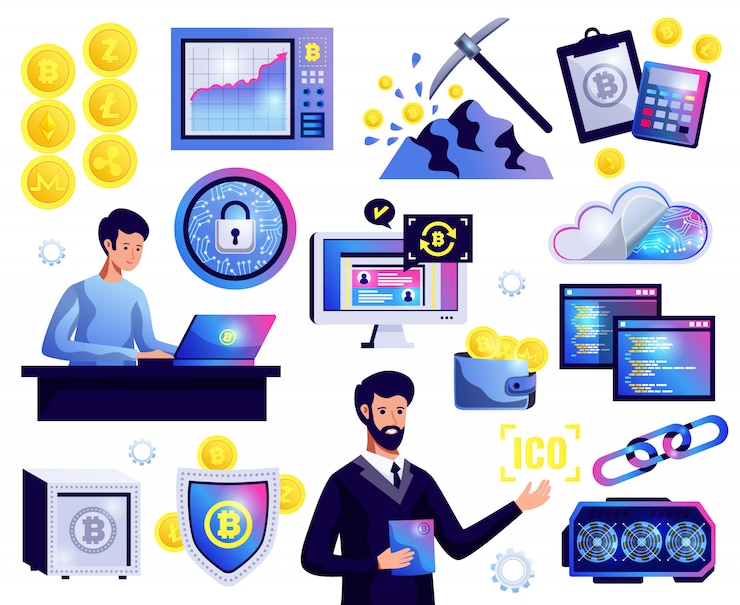Vector Gratis cryptocurrency blockchain set