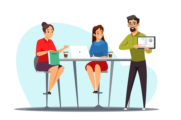 Vector Gratis curah pendapat rapat bisnis. pria dan wanita duduk dan berdiri, bernegosiasi, diskusi presentasi.